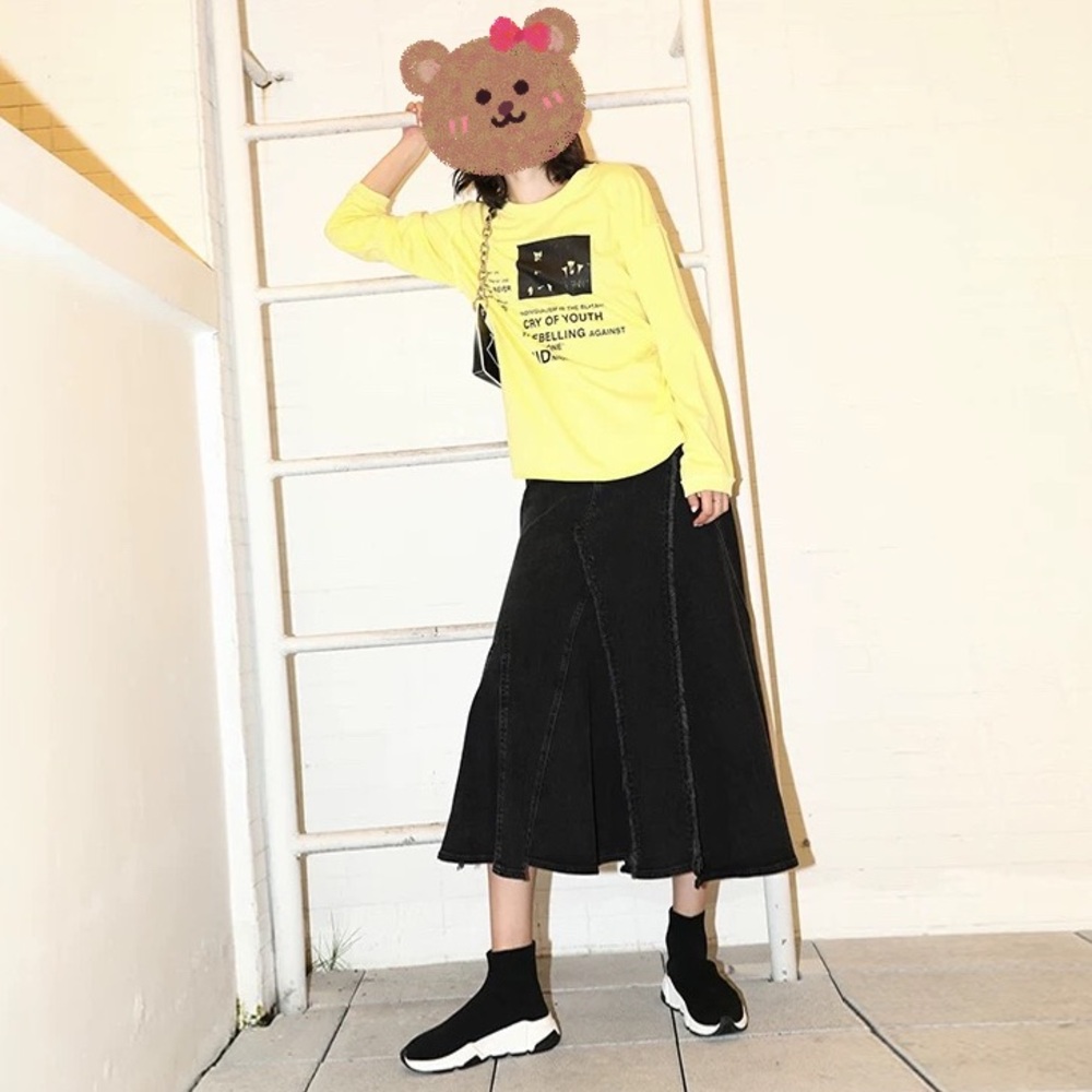 Cute Black Denim Flared Skirt